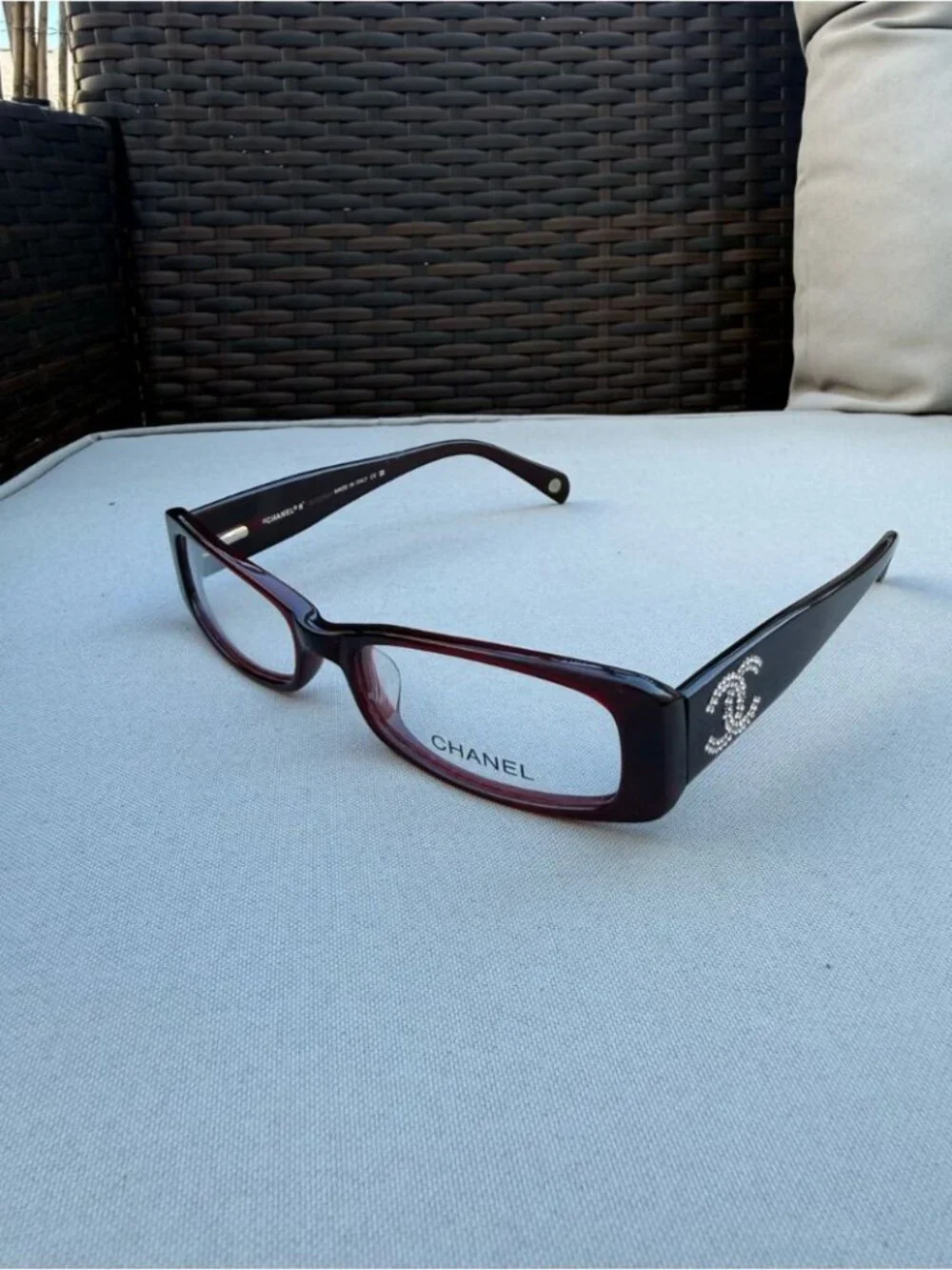 CHANEL Rectangular Crystal CC Logo Glasses in Deep Burgundy